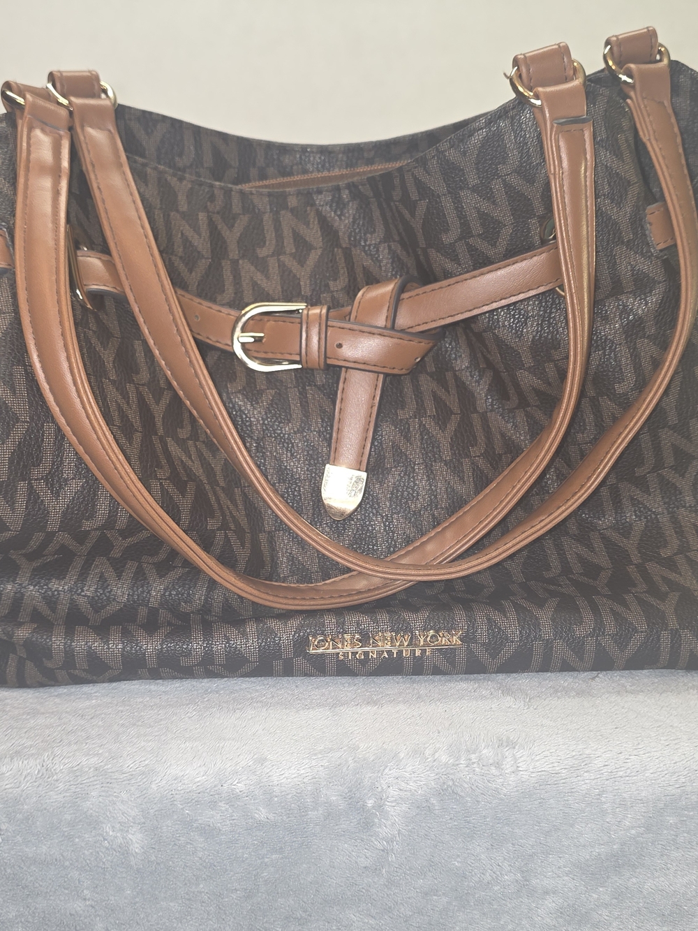 Jones New York Brown Monogram Shoulder Bag with Tan Trim #88